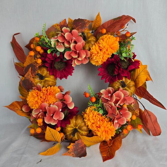 Fall Holiday Wreath 16" x 16" x 3.5" Leaves Pumpkins Floral Artificial New - Picture 2 of 12